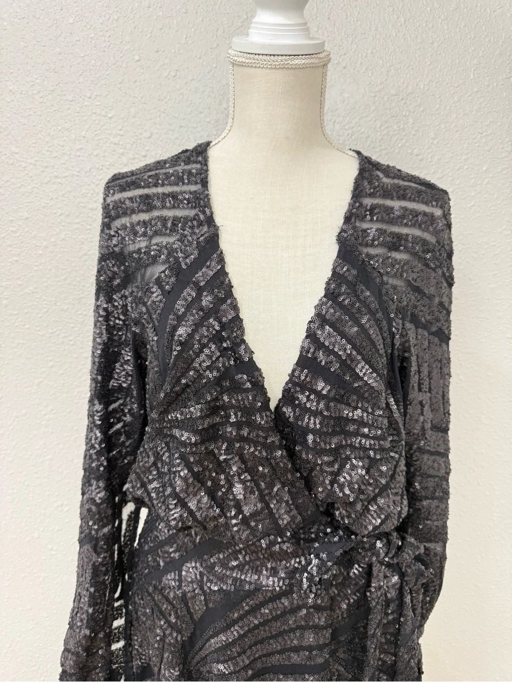 Free People Tiger Eyes Muted Charcoal Sequin Side Tie Wrap Mini Dress Sz S